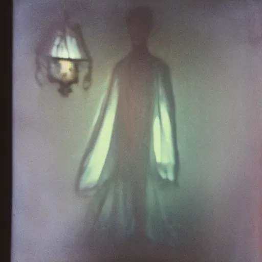 Prompt: coloured atmospheric polaroid photo of a realistic wraith figure in a interior of dining ro! dream coloured atmospheric polaroid photo of a with transparent ghostly banshee corpse body floating in old living room interior - n 9 om low light atmospheric