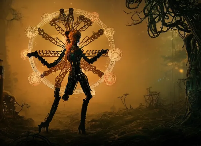 Image similar to silhouette of an intricate mechanical fairy with visible gears having tea with a cyborg gorgon medusa in a magical forest. Very detailed 8k. Fantasy cyberpunk horror. Sharp. Cinematic post-processing