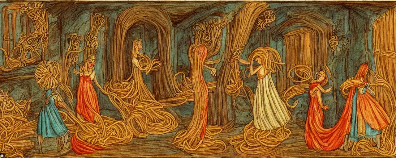 Prompt: ancient manuscripts detailing spaghetti, in the style of grimm's fairytales, fine detail, kodachrome