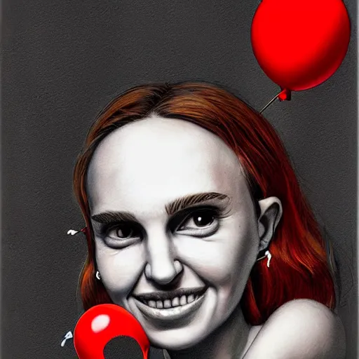 Image similar to surrealism grunge cartoon portrait sketch of natalie portman with a wide smile and a red balloon by - michael karcz, loony toons style, homer simpson style style, horror theme, detailed, elegant, intricate