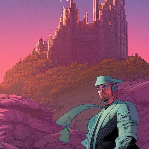 Prompt: a portrait of a noble lord in a scenic environment by josan gonzalez and moebius, castle in the background