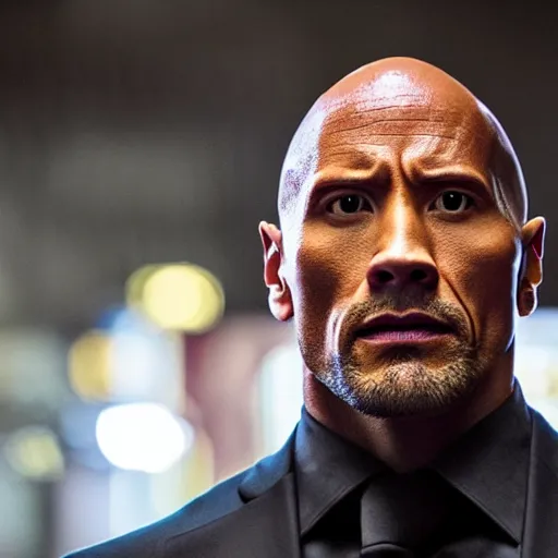 Prompt: a close up cinematic still of Dwayne Johnson in John Wick