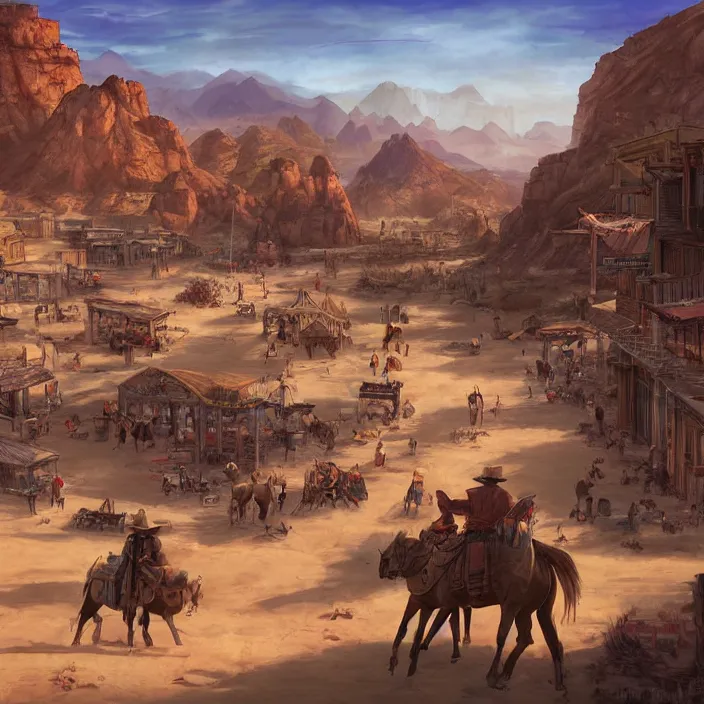 Prompt: old western style city bustling with people in the middle of a sandy flat desert with a single mountain on the very distant horizon. magic the gathering art, digital media