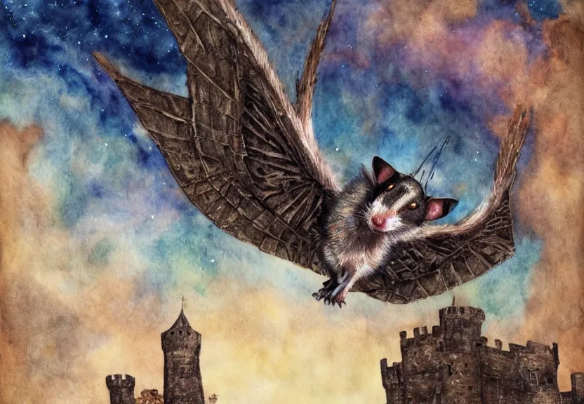 Image similar to winged possum flying over a medieval castle under a dark starred sky, dark fantasy, watercolor, dreaming illusion, highly detailed, 4k, trending on Artstation, award-winning