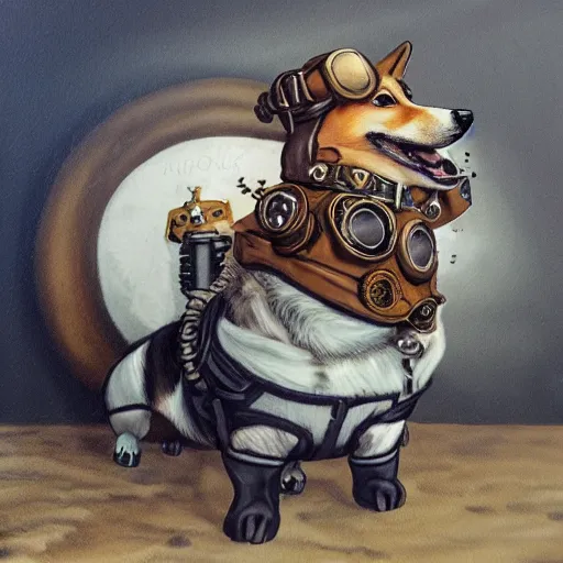 Prompt: a steampunk painting of a corgi with a bomber hat