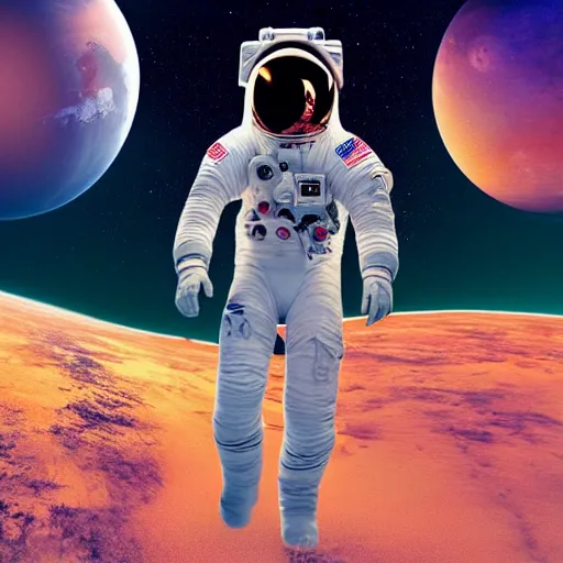 Image similar to A wide angle shot from below of a female astronaut with a feminine body walking with swagger towards camera on mars in an infinite universe , synthwave digital art