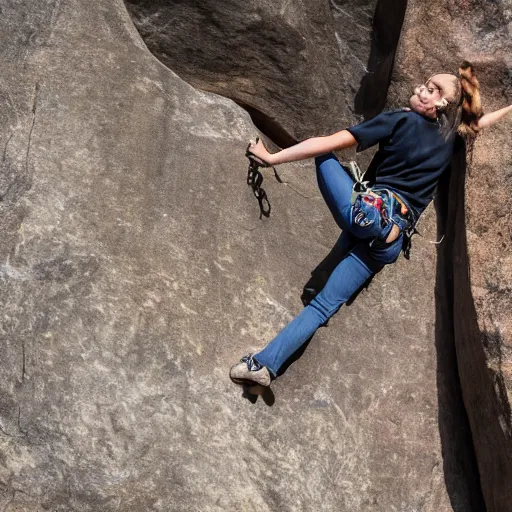 Image similar to high quality portrait of a teenage female rock climber, wearing jeans, 4k, cinematic, unreal engine