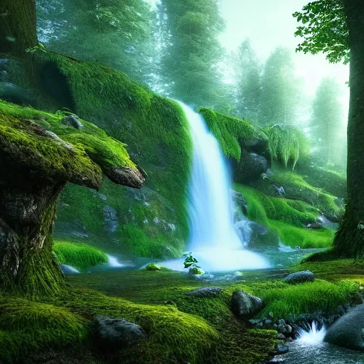 Prompt: beautiful ethereal magical forest with a fjord waterfall , highly detailed, 4k, HDR, award-winning, octane render, artstation