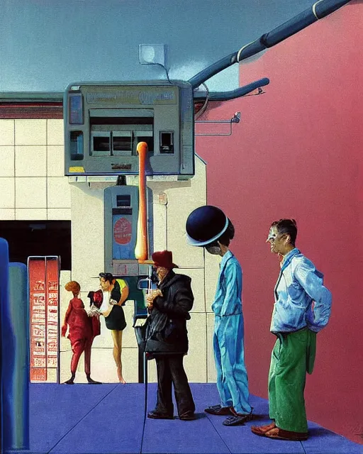 Prompt: square people conversing at a gas station with large oxygen tank in the style of Francis Bacon and Syd Mead and Norman Rockwell and Beksinski, open ceiling, highly detailed, painted by Francis Bacon and Edward Hopper, painted by James Gilleard, surrealism, airbrush, very coherent, triadic color scheme, art by Takato Yamamoto and James Jean