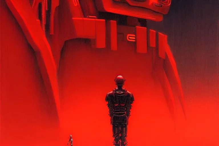 Image similar to only with red, a red cyborg samurai, tokio futuristic in background, some evil yokai fight, in the style of beksinski, parts by edward hopper, parts by rodcenko, parts by yue minjun, intricate and epic composition, red by caravaggio, insanely quality, highly detailed, masterpiece, red light, artstation, 4 k