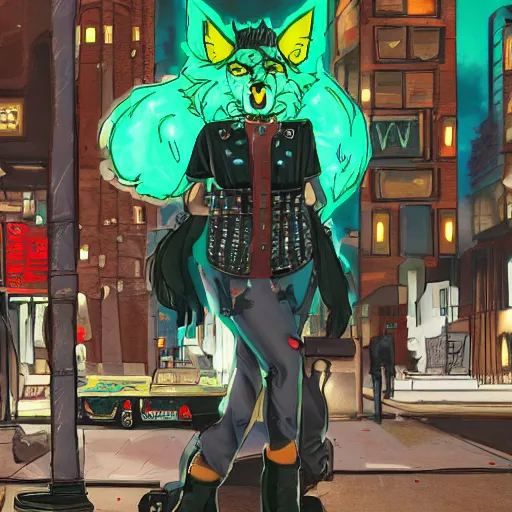 Image similar to beautiful commission digital art portrait commission of an androgynous furry anthro wolf wearing punk clothes in the streets of a cyberpunk city. neon signs. made by zaush, rick griffin, tessgarman, angiewolf, miles df, smileeeeeee, ethrk, fa, furraffinity