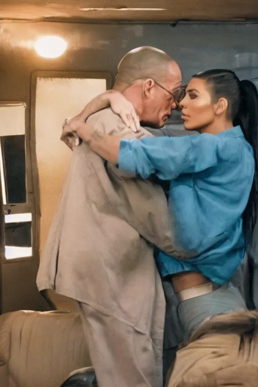 Prompt: film still of kim kardashian put in a headlock by walter white, inside an old rv on the tv show breaking bad, full-shot, 4k