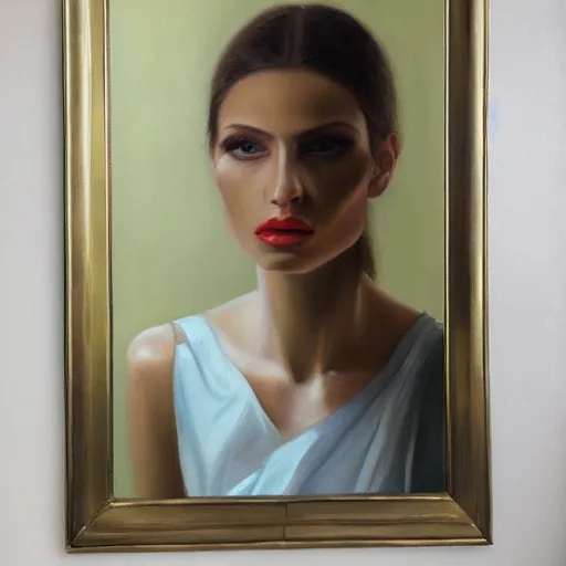 Image similar to fashion model in mirror, hyperrealism oil painting portrait