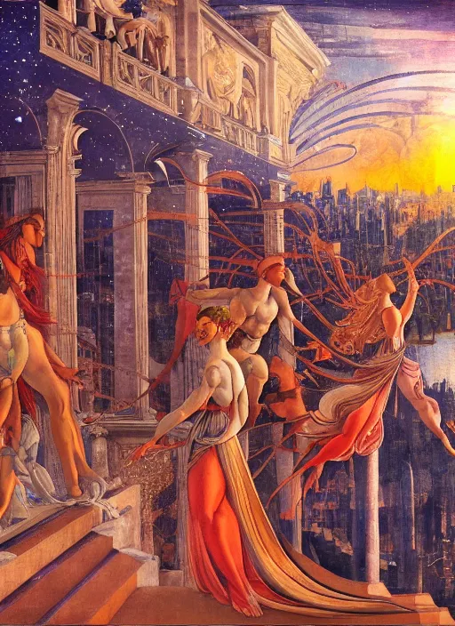 Image similar to ethereal starlit city of magic lost in time at sunset, italian futurism, Botticelli, da vinci, hd, digital painting
