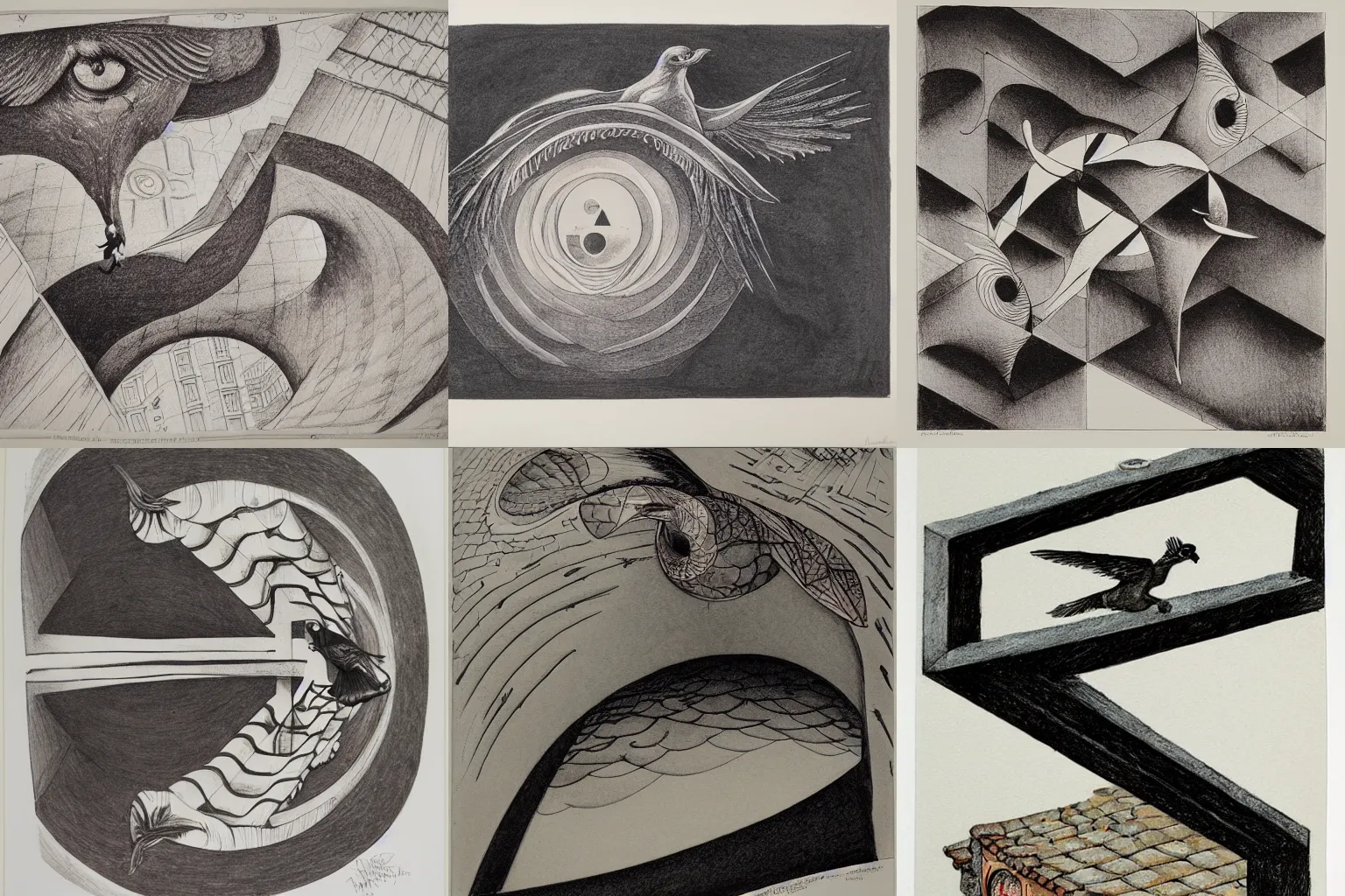 Prompt: lithograph, watercolors, ink, M.C. Escher, moebius, a bird flying through the eye of your mind