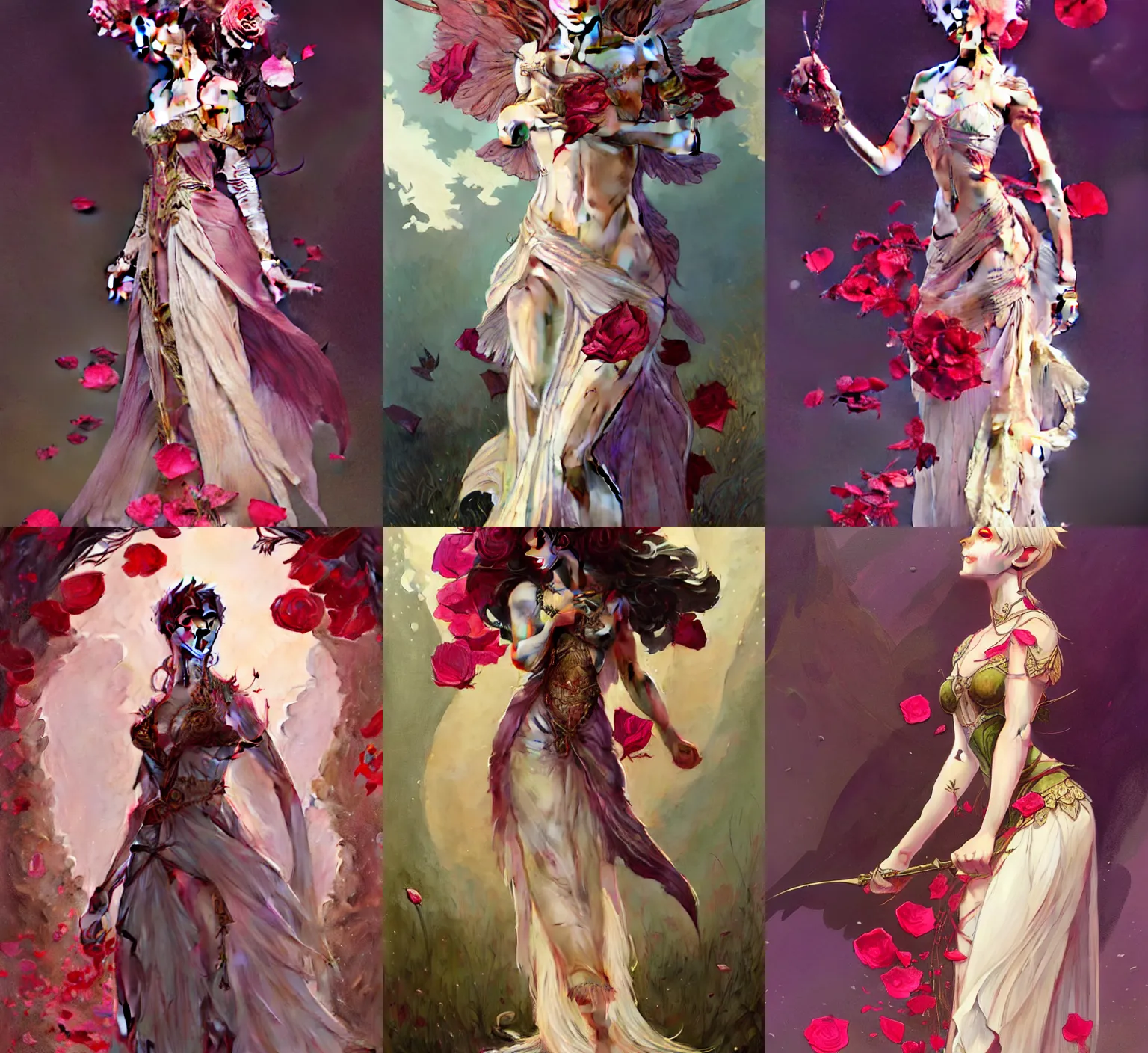Prompt: Full-body of beautiful pixie, D&D fantasy, wearing a dress made of rose petals, intricate, highly detailed, digital painting, artstation, concept art, sharp focus, illustration, art by greg rutkowski and alphonse mucha