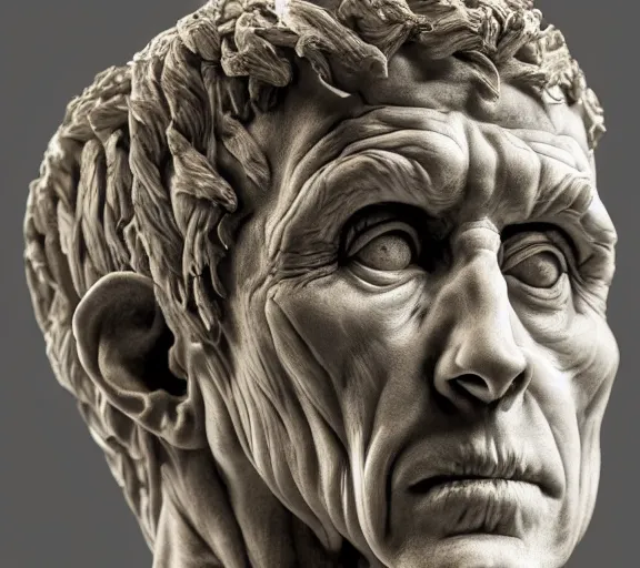 Image similar to a hyper-detailed marble status of Julius Ceasar by Michelangelo; anatomically correct; an extraordinary masterpiece!!!; proud posture; photorealistic eyes; trending on artstation; f/1.4; 90mm