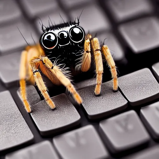 Image similar to a jumping spider pressing his tiny keyboard keys, by pixar, macro lens, iridescent, character concept art grid