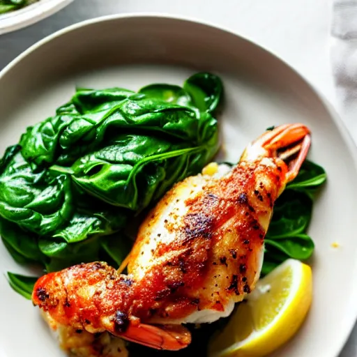 Image similar to a photograph of shrimp and spinach stuffed chicken with lemons