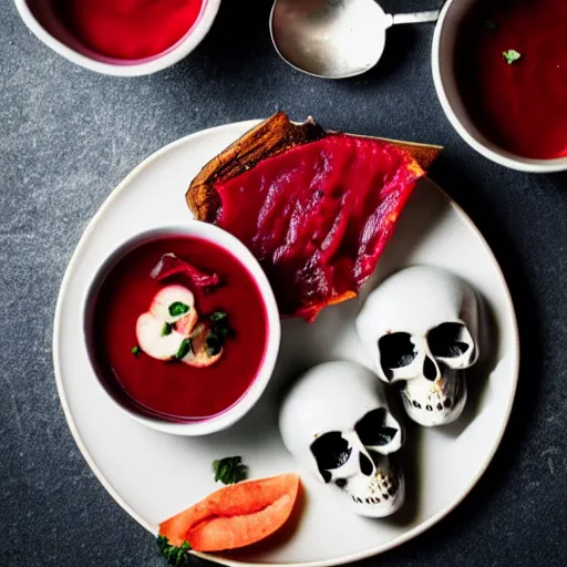 Image similar to borscht served with small skulls, award winning food photo, 4 k, high quality