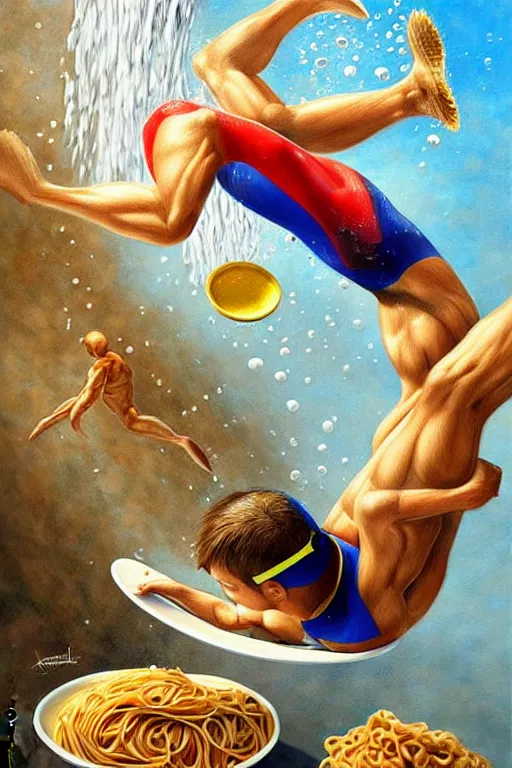 Prompt: olympic diving springoard, a tiny male diver is diving head down into a dish of pasta, detailed realistic sport art, artgerm