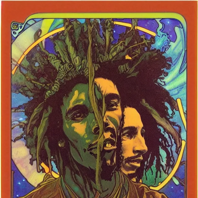Prompt: polaroid of a vintage record cover by Franklin Booth showing a portrait of Bob Marley as a futuristic space shaman, Alphonse Mucha background, psychedelic art, star map, smoke, sciFi