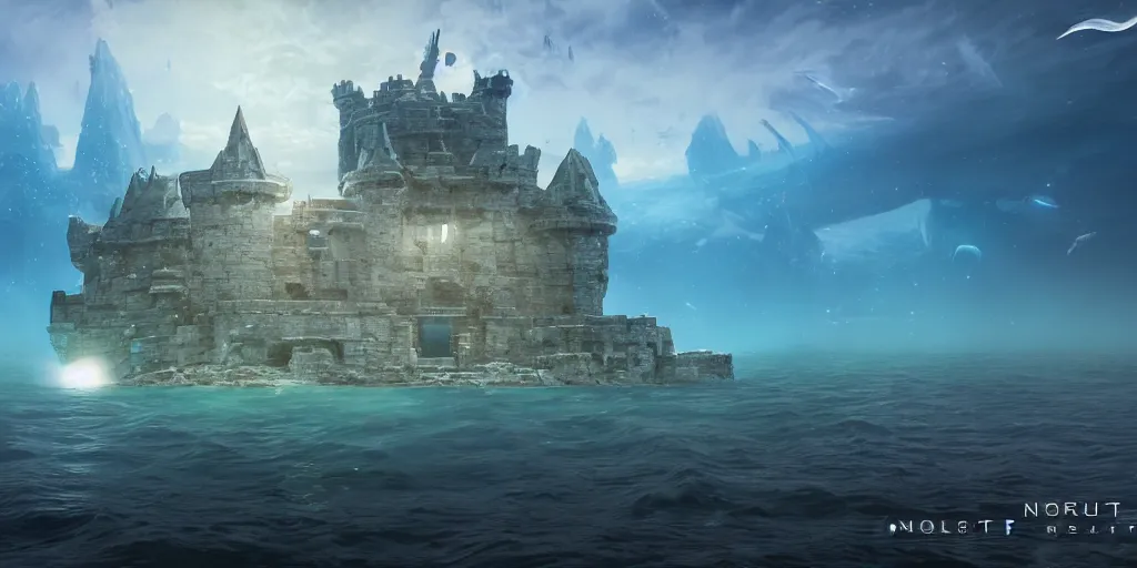Prompt: medeival castle floating on a beautiful ocean, low angle view, fusion of subnautica and star trek, by noriyoshi ohrai, soft natural volumetric lighting, beautifully detailed 4 k octane render, 4 k post processing