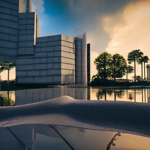 Prompt: a photorealistic 3 d render of modern architecture, organic style, two point perspective, global illumination hdri, deatiled sky, overcast, sunset, soft shadows, rain puddles with realistic reflections