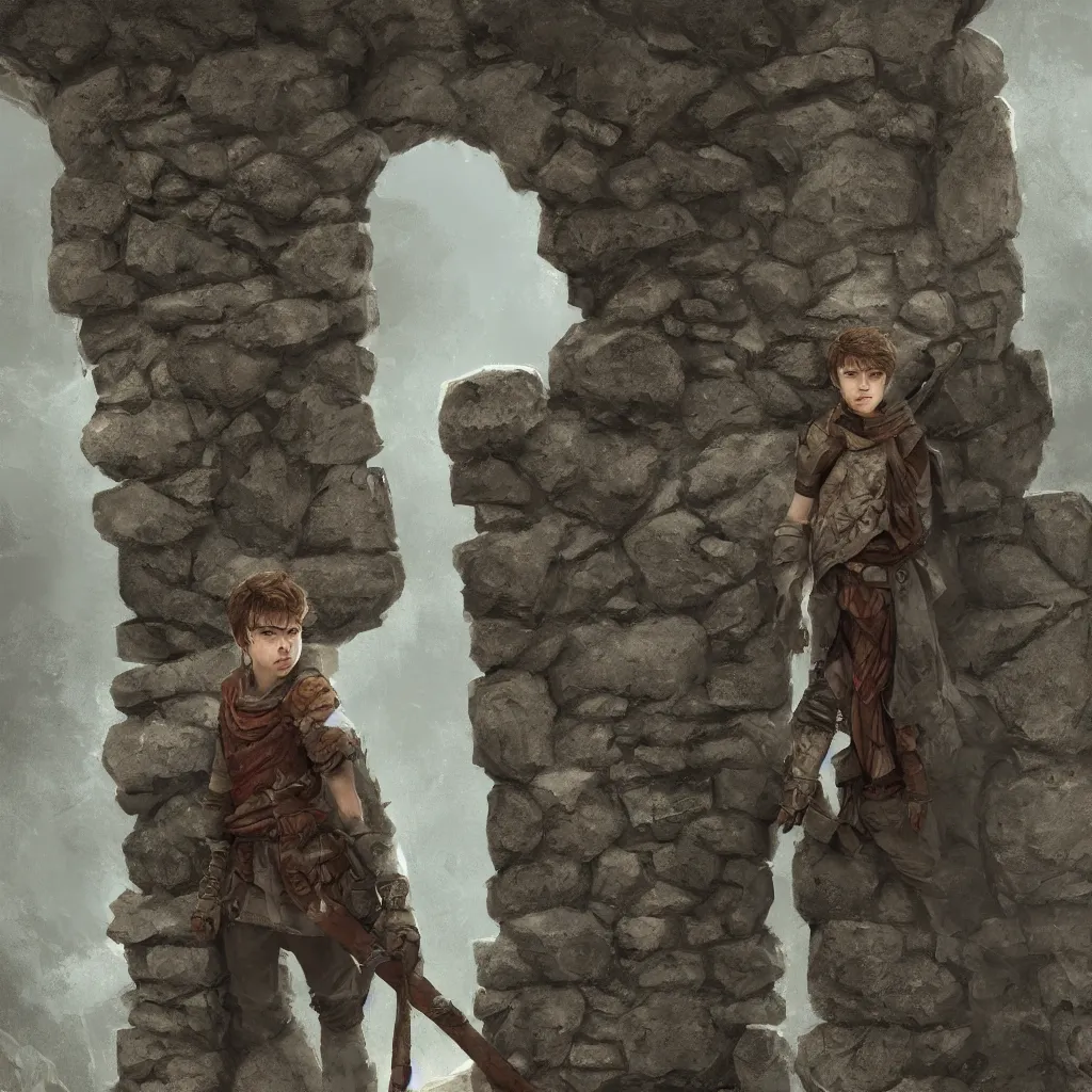 Prompt: a teenage boy standing before a stone wall, fantasy concept art, cinematic framing, cinematic lighting, movie poster art, digital art, intricately detailed, blockbuster movie art, cinematic framing