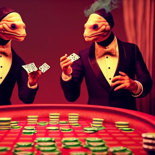 Image similar to hyperrealism simulation highly detailed human turtles'wearing detailed tuxedos and smoking, playing poker in surreal scene from cyberpunk movie from future by wes anderson and denis villeneuve and mike winkelmann rendered in blender and octane render