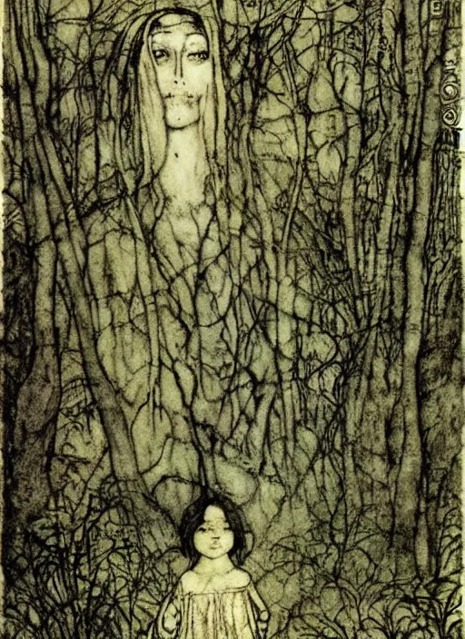 Image similar to little girl in the scary woods by john bauer, arthur rackham