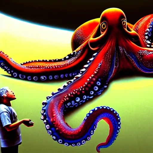 Image similar to hyperrealism photography in araki nobuyoshi dramatic scene from movie the big lebowski style computer simulation visualisation of detailed octopus riding on a astronaut back in the detailed ukrainian village