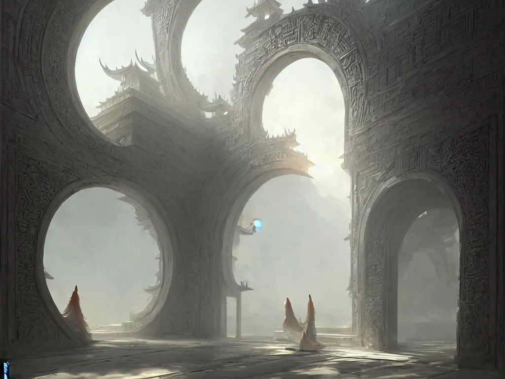 Image similar to circular gate in a white wall, leading to heaven. chinese architecture. fantasy. detailed. smooth. sharp focus. trending on artstation. artist greg rutkowski.