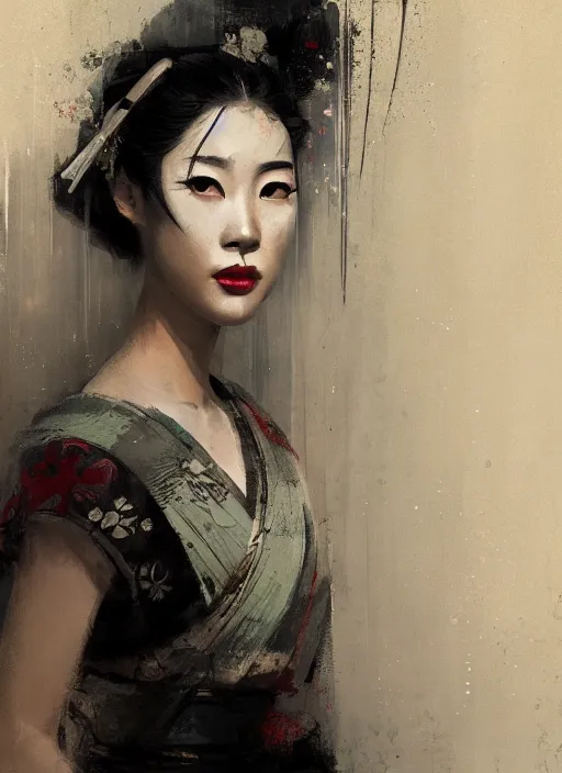 Image similar to female geisha girl, beautiful face, rule of thirds, intricate outfit, spotlight, by greg rutkowski, by jeremy mann