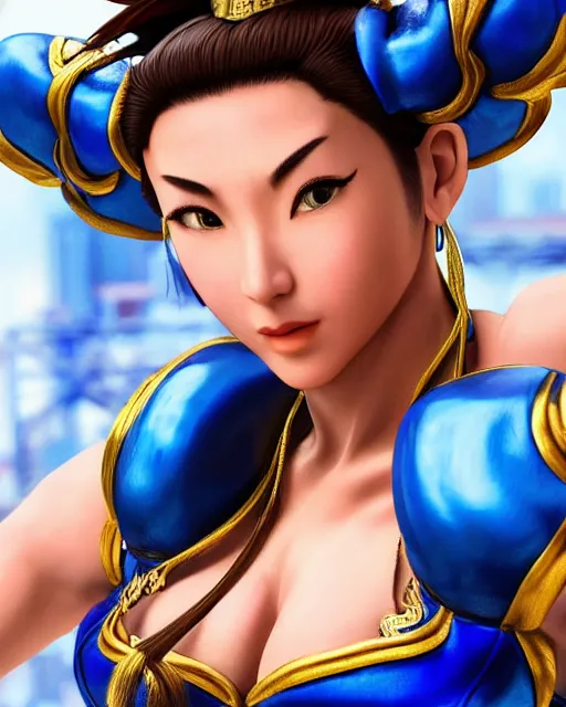 Image similar to Beautiful close highly detailed portrait of Chun-Li from Street Fighter 2. Trending on artstation. Digital render by Yury Kantsevich. XF IQ4, 150MP, 50mm, f/1.4, ISO 200, 1/160s, natural light, rule of thirds, symmetrical balance, depth layering, polarizing filter, Sense of Depth, AI enhanced