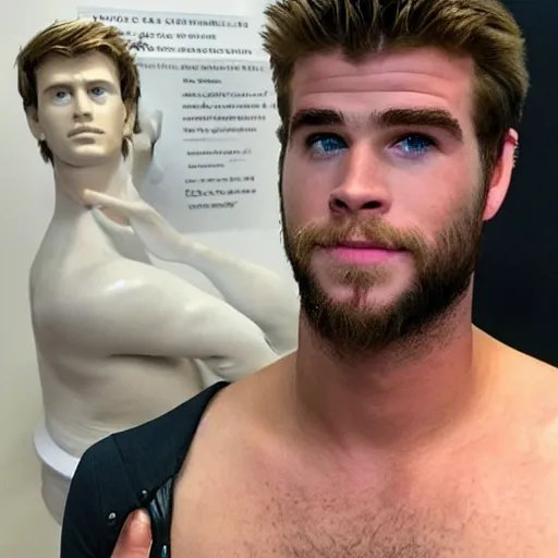 Image similar to “ a realistic detailed photo of a guy who is an attractive humanoid who is half robot and half humanoid, who is a male android, actor liam hemsworth, shiny skin, posing like a statue, blank stare, at the museum, on display ”