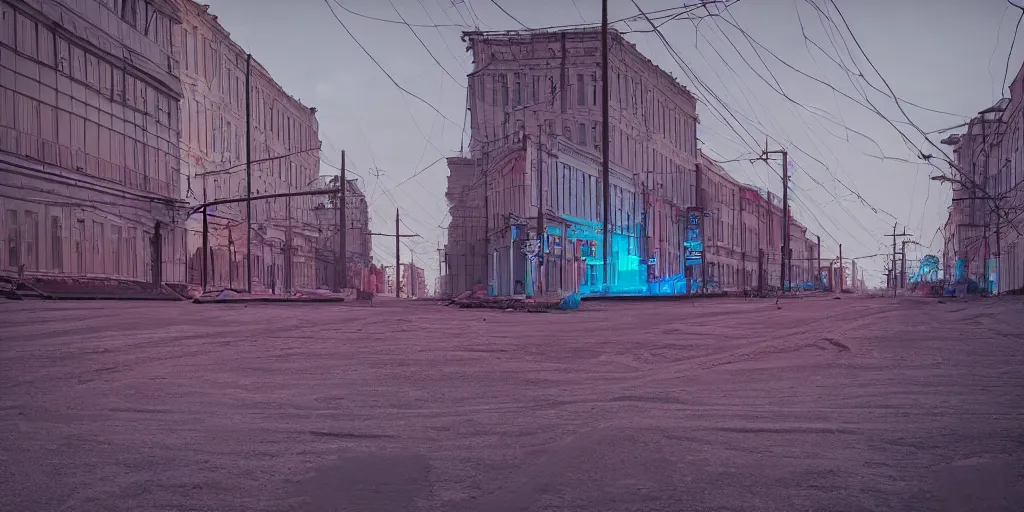 Image similar to photo of city street neon on mars, norilsk st. petersburg city, telephoto, anamorphic cinematography, beautiful composition, color theory, leading lines, photorealistic, moody volumetric lighting