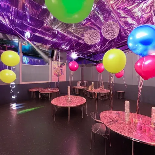 Image similar to photo of the backrooms with balloons and disco ball