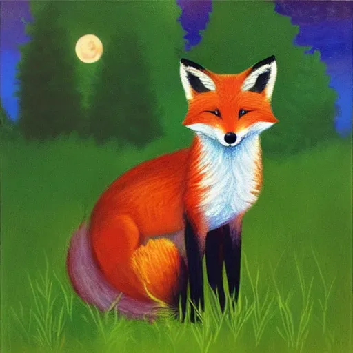 Image similar to “A fox playing the piano in a meadow in The Swedish forest during the night under the moonlight, children’s book oil painting”