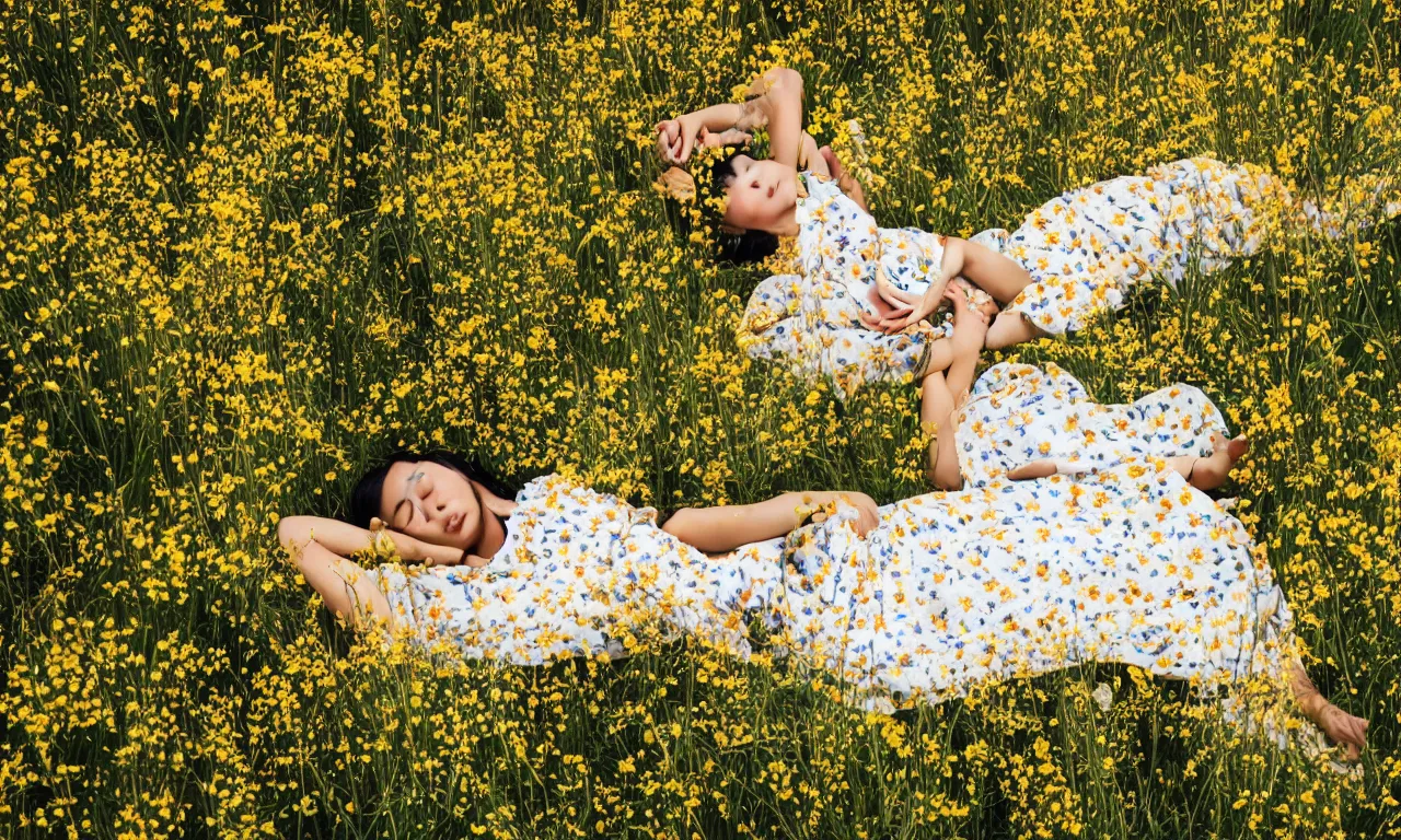 Image similar to a beautiful Asian woman lying in a field of wildflowers, wearing a yellow and white sun dress, close, dreamy