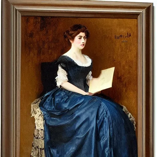 Image similar to young victorian lady in ball gown, absent - minded, holding a book, painted by alfred stevens