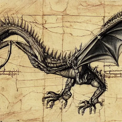 Prompt: extremely detailed anatomy sketch of a dragon with annotations by leonardo da vinci, aged parchment, scientific, technical, blueprint