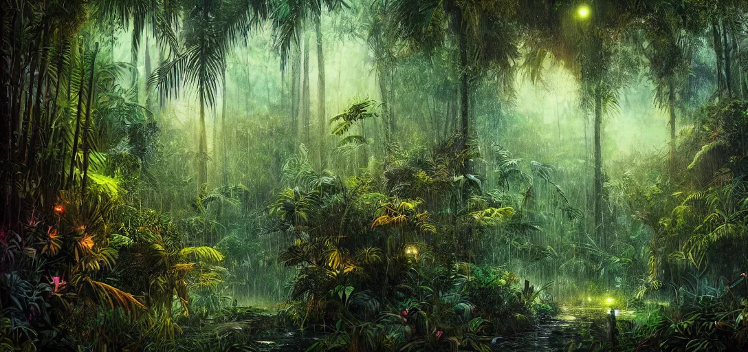 Image similar to Look of a lush jungle, rain, night, colorful moody scene, digital art, 8k, moody details