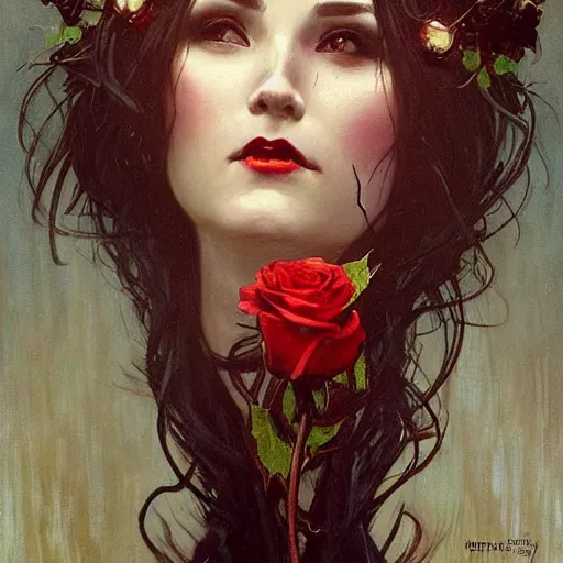 Image similar to portrait of a menacing beautiful vampire, face only, by Stanley Artgerm Lau , greg rutkowski, thomas kindkade, alphonse mucha, loish, norman rockwell, J. C. Leyendecker. hair waving in the wind, pale skin, sinister complexion, black rose crown, imagine bordered by thorns. D&D, fantasy. Trending on artstation rule of thirds extremely detailed illustration hd 4k