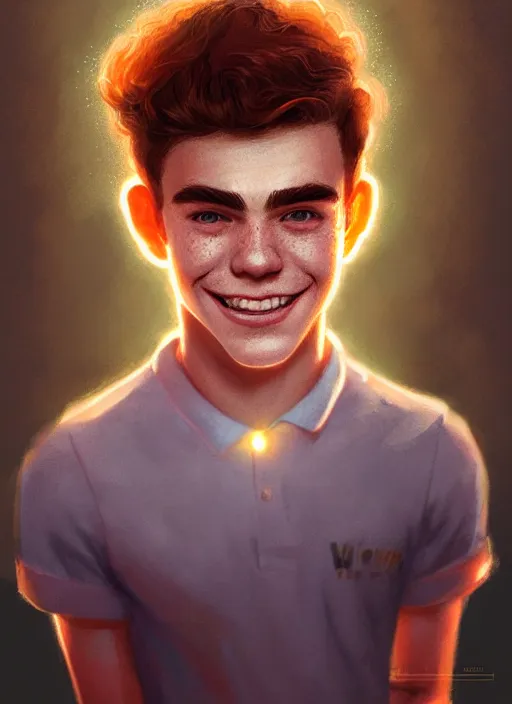 Image similar to portrait of teenage archie andrews, freckles, curly middle part haircut, curly hair, smiling kindly, intricate, elegant, glowing lights, highly detailed, digital painting, artstation, concept art, smooth, sharp focus, illustration, art by wlop, mars ravelo and greg rutkowski