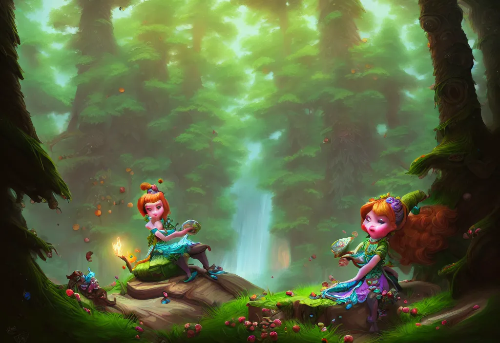 Prompt: bev doo, little, enchanted, nitid and detailed background, forest drawing elegant, highly detailed, digital painting, artstation, concept art, matte, sharp focus, illustration, hearthstone,