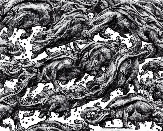 Image similar to A swarm of flying alien hippos drawn by Kentaro Miura, extremely high detail, manga, ink