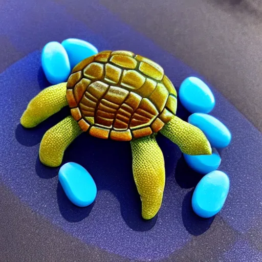 Prompt: turtle eating blue candy