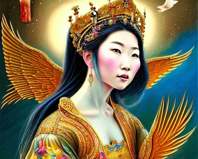 Image similar to portrait of a beautiful asian mongolian princess goddess spreading its wings, portrait of princess wearing a beautiful ornate crown, in the background lake baikal is seen, in the art style of bagshaw tom artgerm and bowater, charlie, by bagshaw tom, artgerm and bowater, charlie - - height 6 4 0