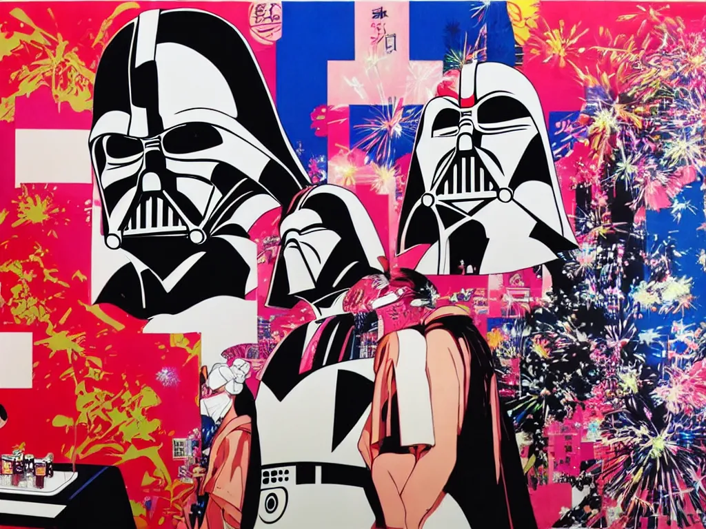 Image similar to hyperrealistic composition, in the middle the woman in a japanese kimono, behind her stands the darth vader, in front of her a table from the casino, in the background is ( ( mount fuji ) ) and fireworks, pop - art style, jacky tsai style, andy warhol style, acrylic on canvas